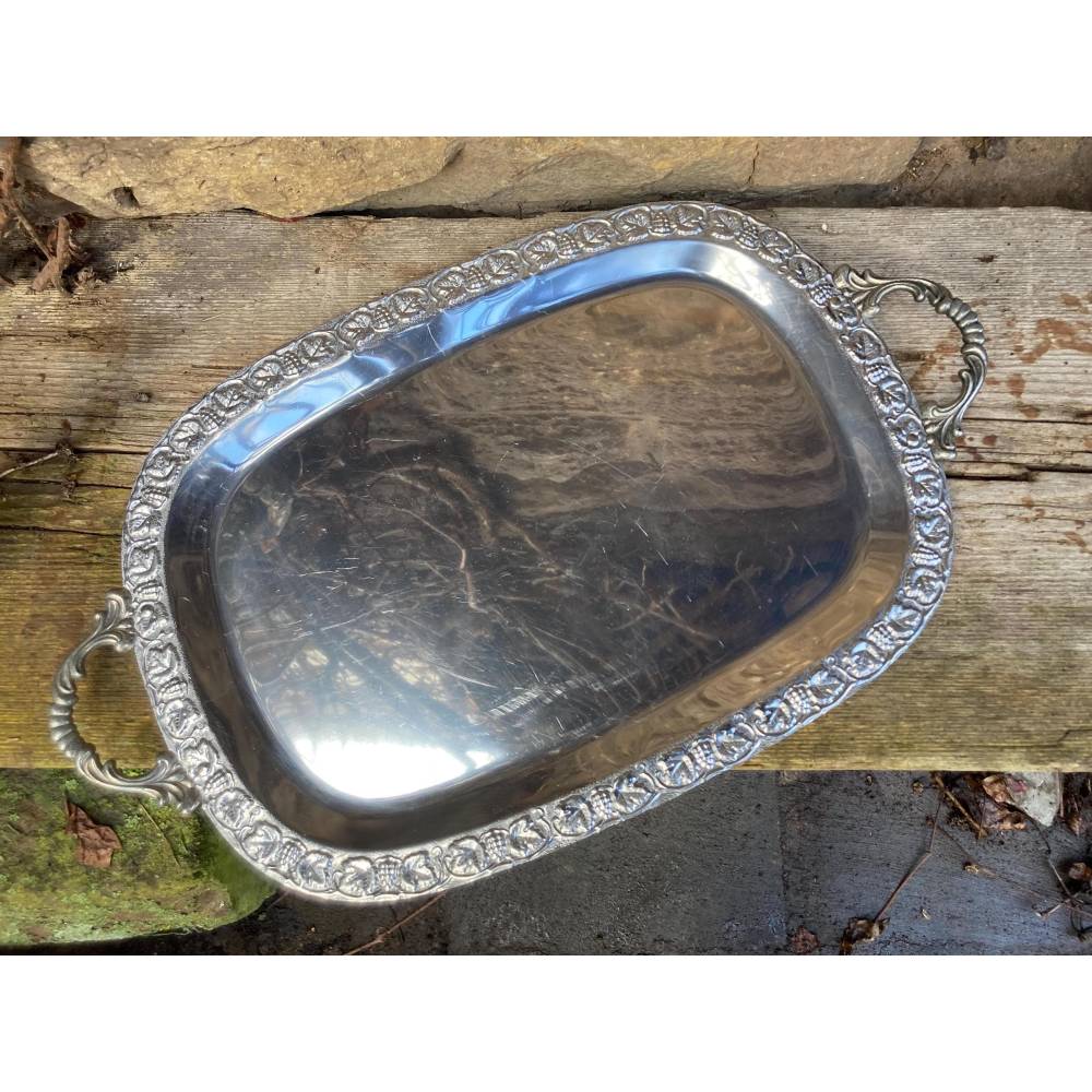 Serviertablett Servierplatte mit Griffen Edelstahl Vintage 70er 80er Jahre