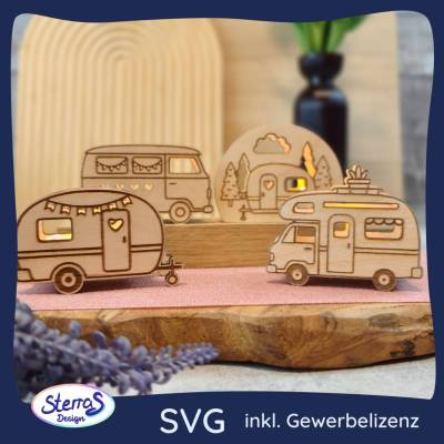 Laserdatei Camperlichter Set SVG – Camping Deko Wohnwagen & Wohnmobil aus Holz, 4 Motive, skalierbar, inkl. Gewerbelizenz
