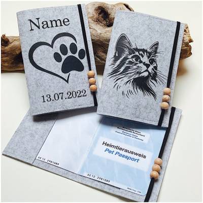 Heimtierausweis Hülle personalisierbar für Hunde und Katzen EU Impfpass Filz hellgrau Auswahl 2