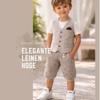 Festliche Leinen Hose Kinder | kurze Pumphose | Beige gestreift | Sommerhose | Unisex Kinderhose | Baumwollleinen | Kind