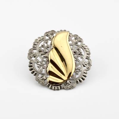 Vintage Brosche rund Silberfarbe Filigran mit Fescher in Goldfarbe - Damen Ansteckbrosche groß