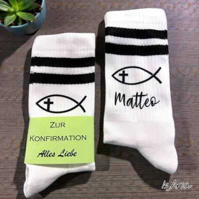 Konfirmanden Fisch Socken /religiöse Socken/ Tennissocken/ Namenssocken/ Geschenkidee zur Firmung/Kommunion/Konfirmation