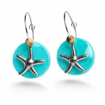 Seestern Ohrringe Türkis Resin Glitter – Handgefertigte Creolen 925 Silber mit Jaspis Perle – Ocean Boho