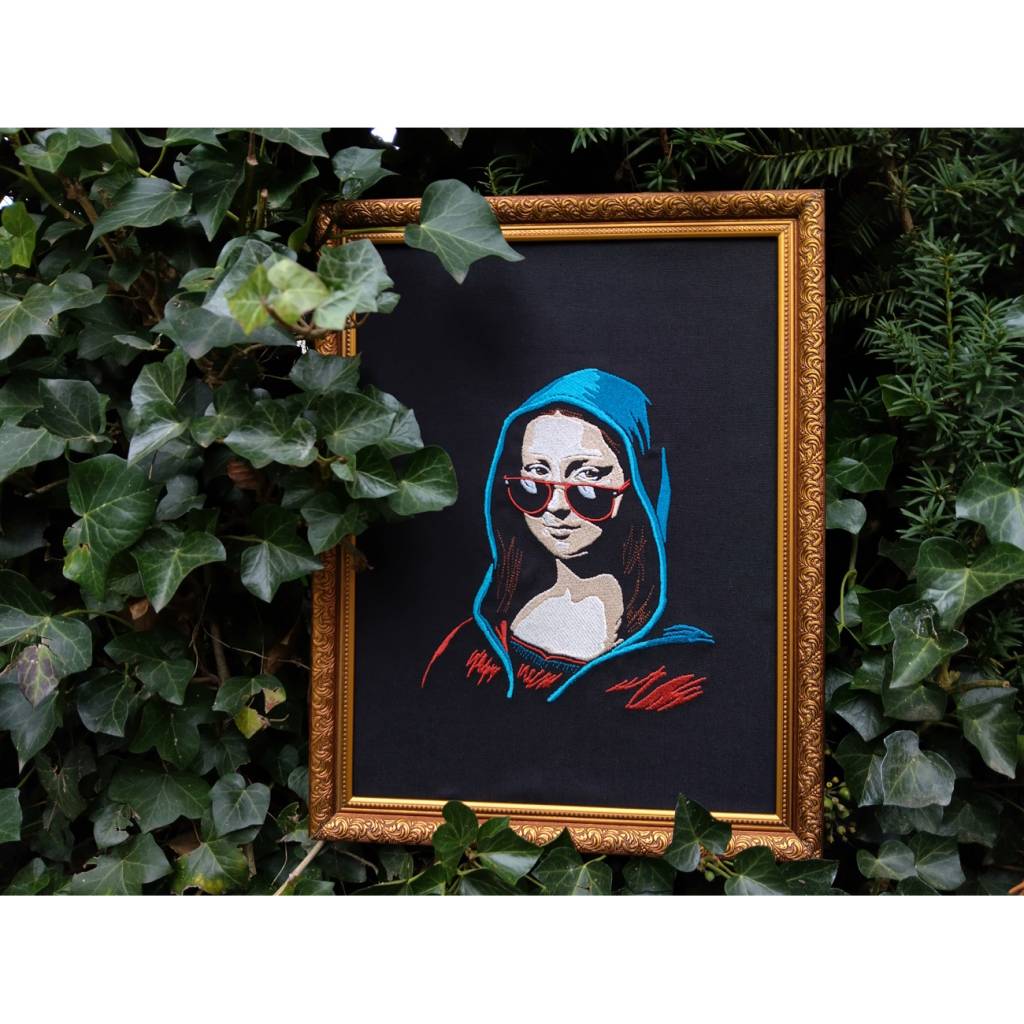 Mona Lisa Lichteffekt 18x18cm bzw. 20x20cm Stickdatei – Streetstyle Kunst für schwarze Stoffe Bild 3