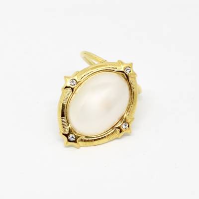 Tuchclip Goldfarbe mit Ovale weiße Kunstperle und glitzernde Kristalle - Vintage Schalclip vergoldet mit Sterne