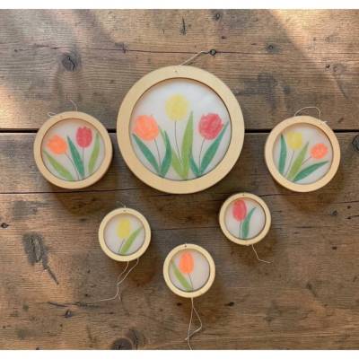 6er Set Holz-Suncatcher Frühlingserwachen – Handgefertigte Fensterbilder Tulpen-Motiv, Naturholz, Transparentpapier, verschiedene Größen