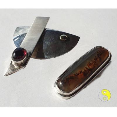 Silberne Broschen und Anhänger mit Achat und Granat - Variationsschmuck - 4 Schmuckstücke in einem 