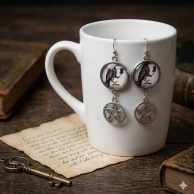 Gothic Rabe Pentagramm Ohrringe – Lange Ohrhänger mit 925er Haken & Steampunk Design