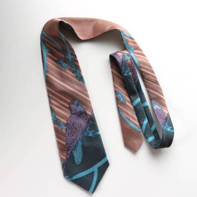 Vintage Krawatte 80er Jahre Club Vogel Crazy Pattern Lila Grau Blau Adler wildes Muster Motivkrawatte Satin Brokat Binde