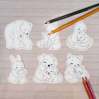 6 Kawaii Ausmalsticker – Muttertag Tiere – Set aus 6 Motiven