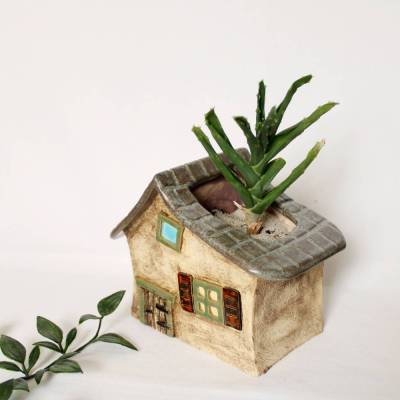 handgefertigter Blumentopf für Sukkulenten -Keramik Pflanzhaus im Cottage Stil, Deko Haus, Pflanztopf Indoor,
