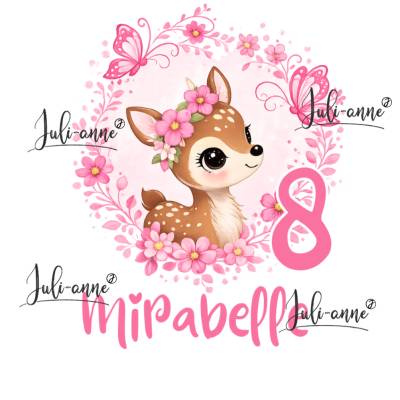 Bügelbild GEBURTSTAG Reh Blumenkranz personalisiert Zahl & Name