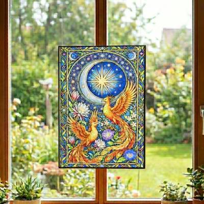 Fensterbild Acryl Phönix & Sterne – 2 Größen Suncatcher – Buntes Fensterbild mit Blumen, Vogel – Deko für Fenster