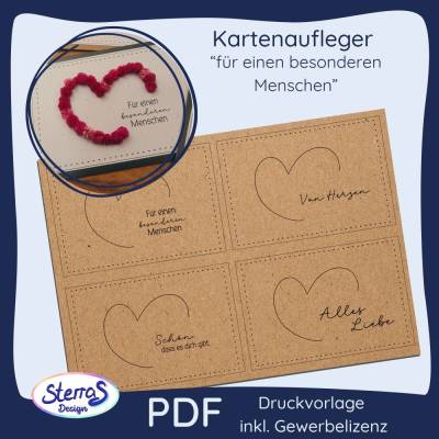 Kartenaufleger Herz - Druckvorlage PDF zum Ausdrucken, 4 Designs für Geschenke und Karten - inkl. Gewerbelizenz