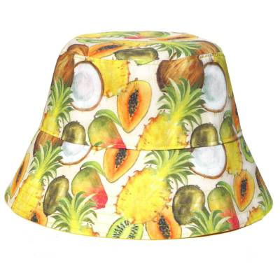 Wendbarer Sommerhut Bucket Hat Tropische Früchte & Gelb – Handgemacht, Unisex, 100% Baumwolle