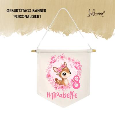 Geburtstag Deko Leinwandbanner personalisiert - Reh Blumenkranz