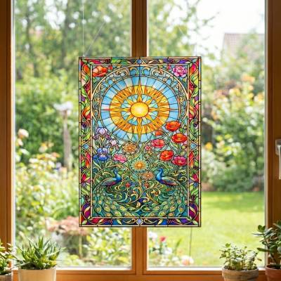 Sonnenfänger Buntes Fensterbild mit Pfauen & Sonne  Acryl Suncatcher – Boho Fensterdeko mit Blumen  Geschenkidee Natur