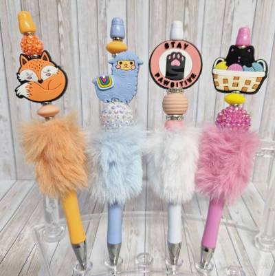 Kugelschreiber mit Perlen und Plüsch Silikonfigur Fuchs / Alpaka / Katze Silikonperlen Geschenkidee