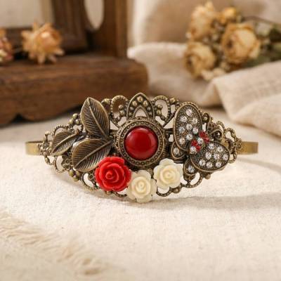 Vintage Haarreif mit Cabochon & Rosen – Flexibler Haarschmuck für Hochzeit & Kommunion
