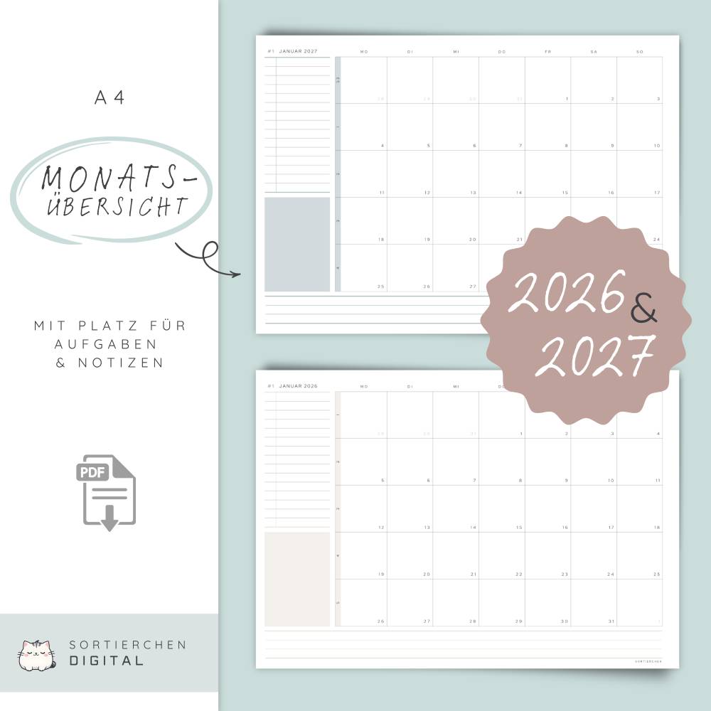 Monatsplaner 2026 & 2027 PDF | A4 Monatsübersicht zum Ausdrucken