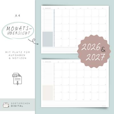 Monatsplaner 2026 & 2027 PDF | A4 Monatsübersicht zum Ausdrucken | Digitaler Kalender | Monatskalender Download