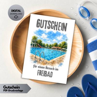 Freibad Gutschein Vorlage PDF, Gutschein für Schwimmbad Besuch zum Ausdrucken, Sommer Geschenk Kinder, Saison Dauerkarte