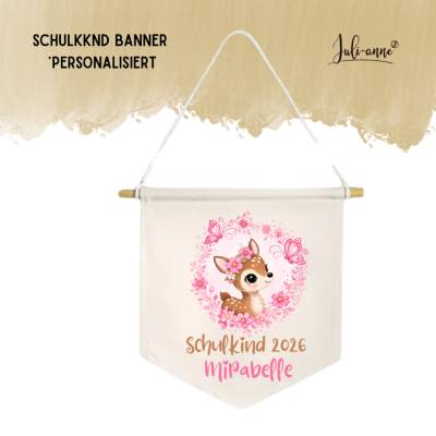 Schulkind Deko Leinwandbanner personalisiert - Reh Blumenkranz