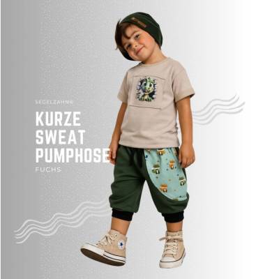 kurze Sweat Pumphose Kinder, Unisex Sommerhose Jungen Mädchen Sweathose Khaki Olive Fuchs, Kinderhose Sommerkleidung