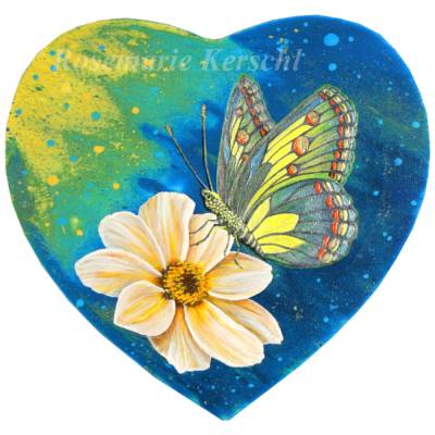 Herzförmiges Acrylbild Unikat – Dahlie & Schmetterling, handgemalt, 29 x 28 cm, Geschenkidee