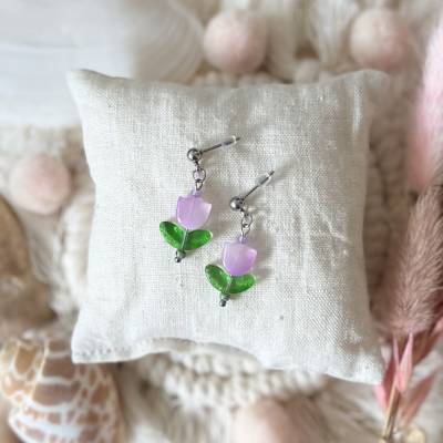 Ohrringe „Tulpen“ silber - Silberfarbene Edelstahl-Ohrstecker mit Tulpen aus Glas