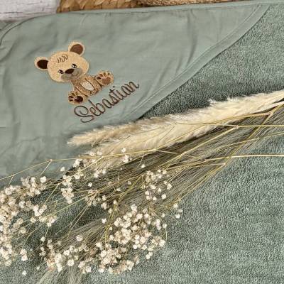 Kapuzenbadetuch XXL personalisiert 100 x 100 cm Bär Bärchen Teddy Badetuch Geschenk zur Geburt Taufe Geburtstag Badetuch