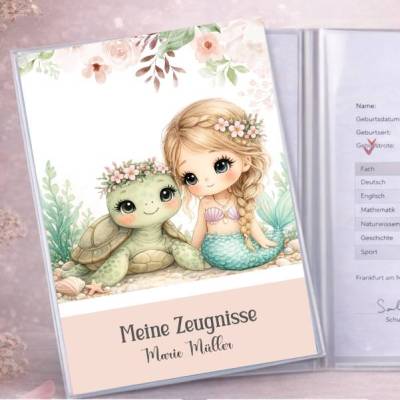Süße Zeugnismappe für Mädchen | Meerjungfrau-Motiv | Einschulung & Schulanfang Geschenk | 26-69
