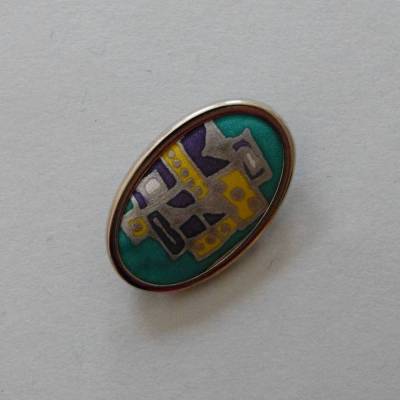 Hübsche Brosche oval, Seide bemalt in grün, grau, gelb und lila Metallrahmen silberfarben, Anstecknadel, Rahmen Efco