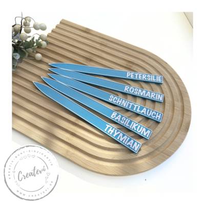 Kräuterstecker wasserblau mit weißer Schrift aus PETG – wetterfeste Pflanzenstecker für Kräuterbeet Hochbeet Balkon Set