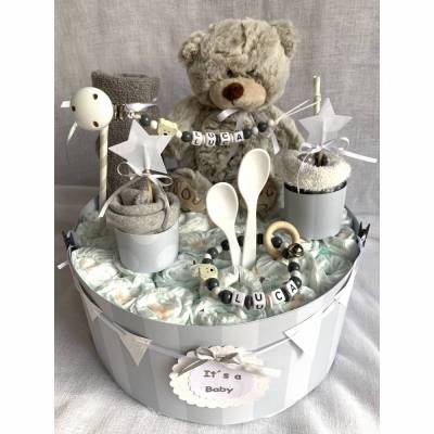 Windeltorte Teddybär Bär grau mit Name ..  auch in rosa und blau erhältlich