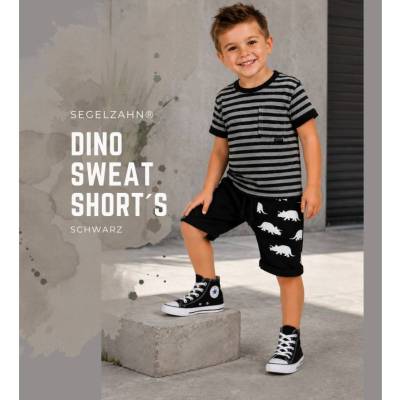 Dino Sweat Shorts Kinder, kurze Hose Unisex Schwarz, Sommerhose gemütlich weit, Segelzahn Sommerkleidung Hosen Sweatshor