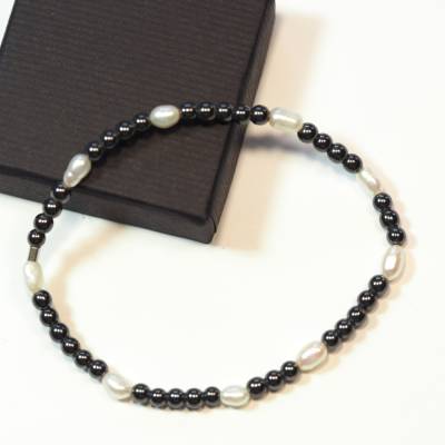 Armband aus Biwaperlen und Hämatit Schmuckstein ca 18 cm Länge