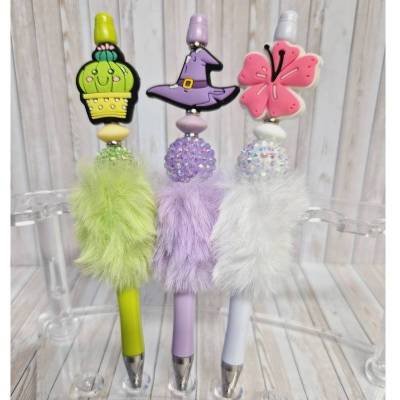 Kugelschreiber mit Perlen und Plüsch Silikonfigur Kaktus/Hexenhut/Blüte Silikonperlen Geschenkidee