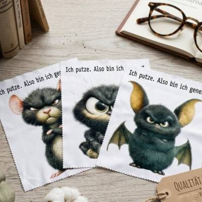 Brillentuch „Ich putze. Also bin ich genervt.“ – Mikrofaser Reinigungstuch mit Fledermaus, Spinne & Ratte, 15x18 cm