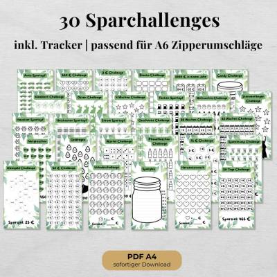 30 Sparchallenges als PDF mit Tracker – Budget Binder Einlagen für A6 Zippertaschen zum Ausdrucken
