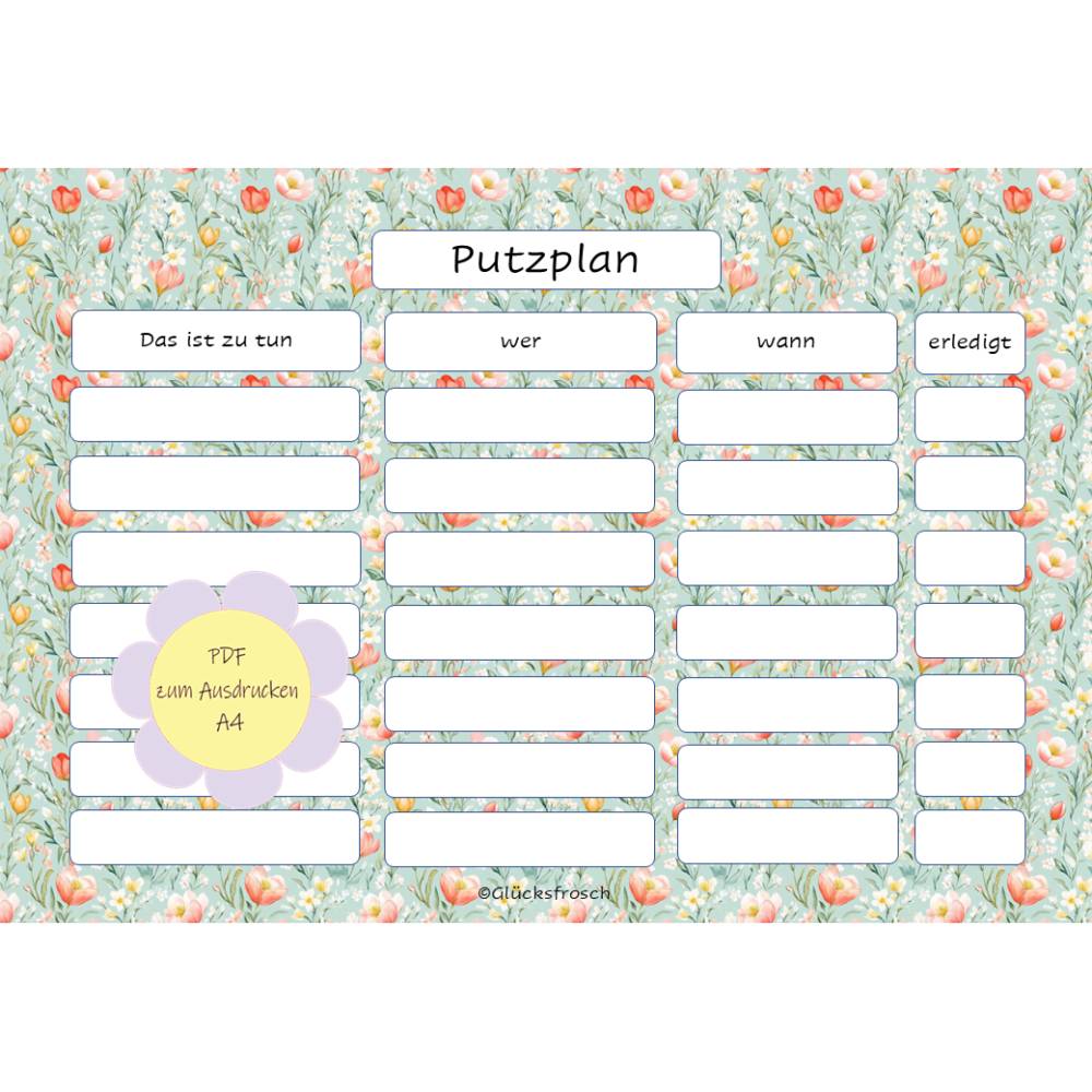 Putzplan PDF A4 Frühlingsblumen, pastellgrün mit Tulpen – ausdrucken & immer wieder verwenden Bild 1