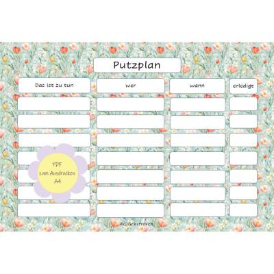 Putzplan PDF A4 Frühlingsblumen, pastellgrün mit Tulpen – ausdrucken & immer wieder verwenden