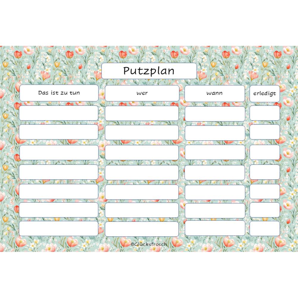 Putzplan PDF A4 Frühlingsblumen, pastellgrün mit Tulpen – ausdrucken & immer wieder verwenden Bild 2