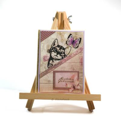 Grußkarte Herzlichen Glückwunsch gelb rosa gold mit schwarzer Katze