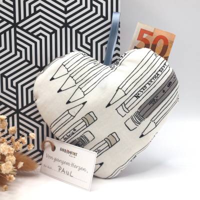 stoffherz mit fach für gutschein geldgeschenk kleines geschenk mitbringsel stoff herz stifte groß genäht zum aufhängen