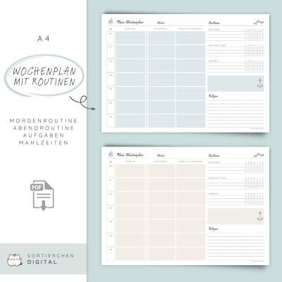 Wochenplaner PDF | Undatiert mit Routinen | Wochenübersicht mit Habit Tracker, Essen & Haushalt