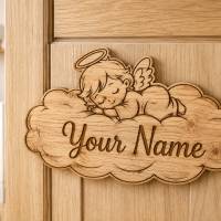 Personalisierbares Engel Namensschild aus Holz | SVG PNG PDF Datei | Babyzimmer Türschild | Laserdatei