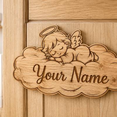 Personalisierbares Engel Namensschild aus Holz | SVG PNG PDF Datei | Babyzimmer Türschild | Laserdatei 