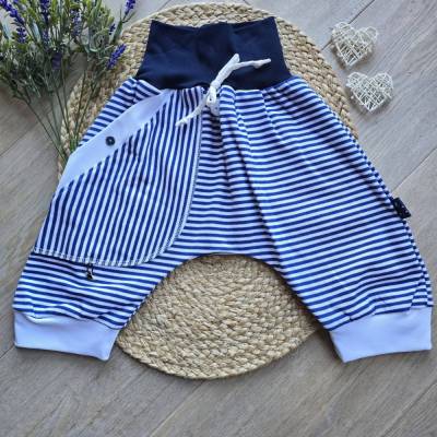 Maritime kurze Hose Pumphose Short Unisex 116/122 – für Jungen Mädchen, Bio-Jersey, Unikat, Sommerhose Blau