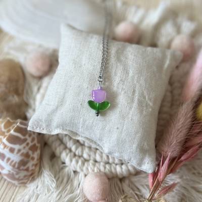 „Tulpe“ - Silberfarbene Edelstahl-Halskette mit Tulpe aus Glas